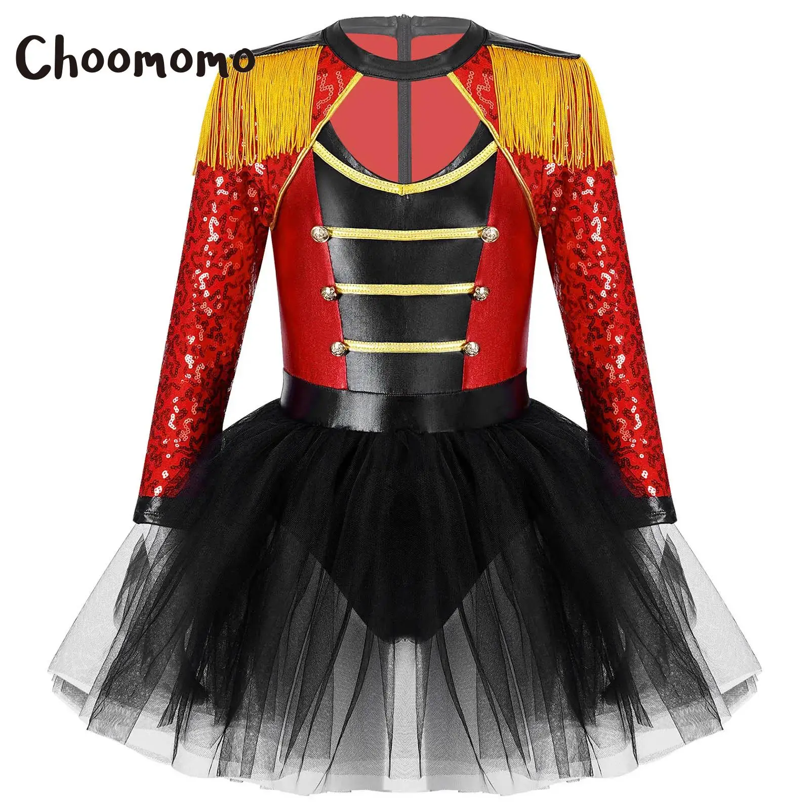 

Kids Girls Circus Ringmaster Costume Halloween Showman Lion Tamer Sequins Tutu Dress Leotard for Christmas Stage Performance