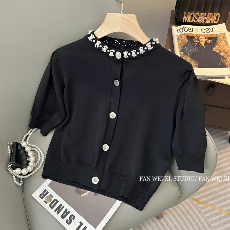 Summer 2023 New Fashion Design Heavy Beads Round Neck Top Single-Breasted Short Sleeve Ice Silk Knitwear Female Short Cardigan