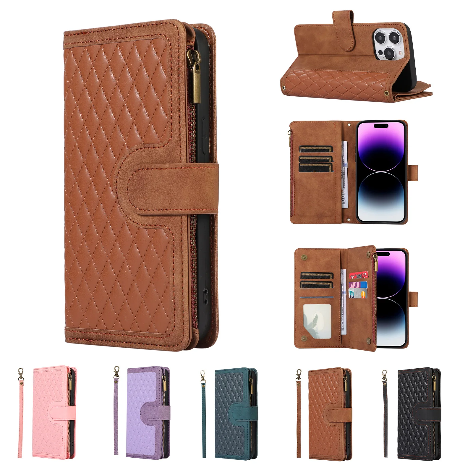 

Multi-9 Cards Wallet Cases For iPhone 16E 16 15 Pro Max 14 Plus 13 12 11 XS XR 8 Crossbody Leather Lanyard Wrist Rope Flip Cover