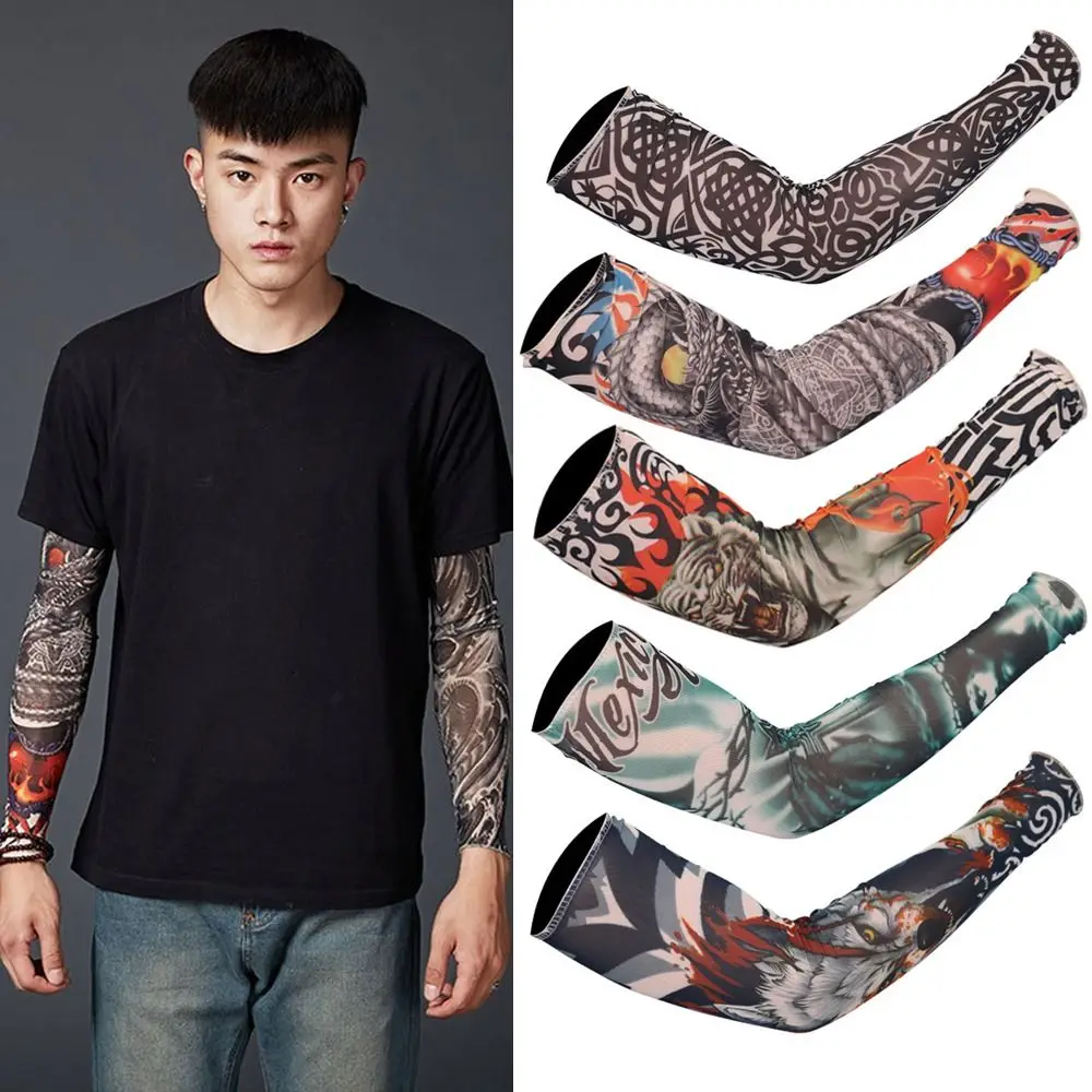 2PCS Street Tattoo Arm Sleeves Men Women Sun UV Protection Arm Cover Seamless Outdoor Basketball Riding Sunscreen Arm Sleeves