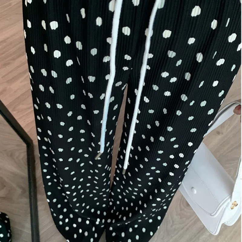 White Polka Dot Wide Leg Pantalonrs Women's Summer Droopy Feeling Loose Casual Sweatpants Textured Cool Ice Silk Latest Trousers