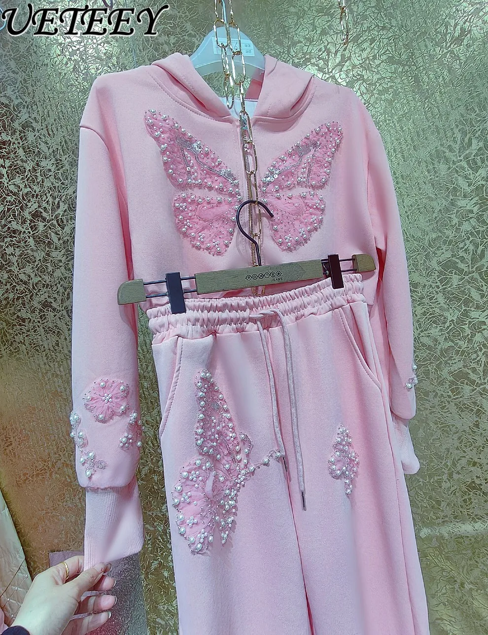 

High-End Heavy Industry Sequins Big Butterfly Handmade Beaded Sweatshirt Coat Early Autumn New Long Pants Hoodies Two-Piece Set