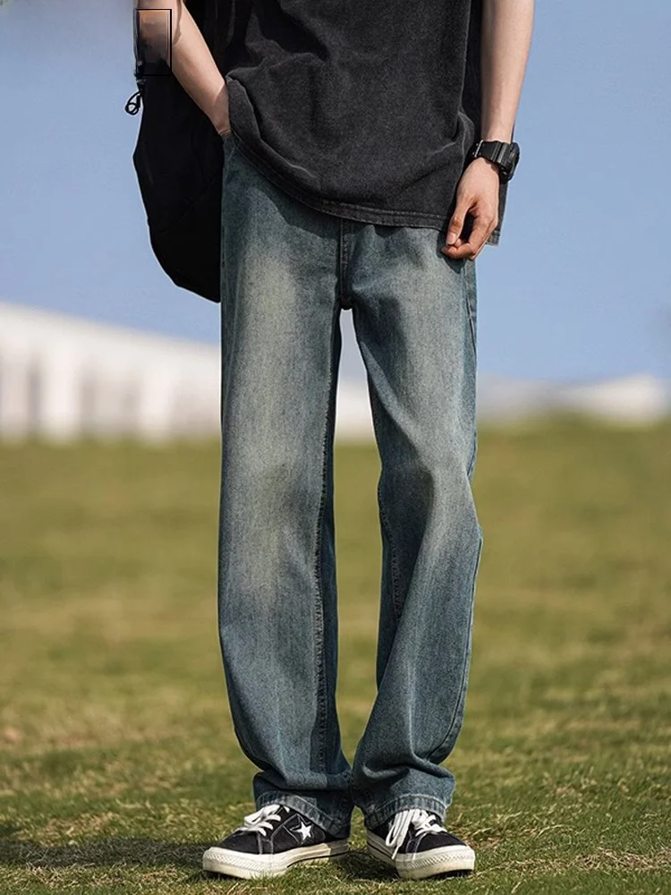الجليد الحرير القطن الرجال نحيل الصيف العصرية الأمريكية الرجعية مستقيم الساق بنطال ذو قصة أرجل واسعة عادية بنطلون جينز طويل