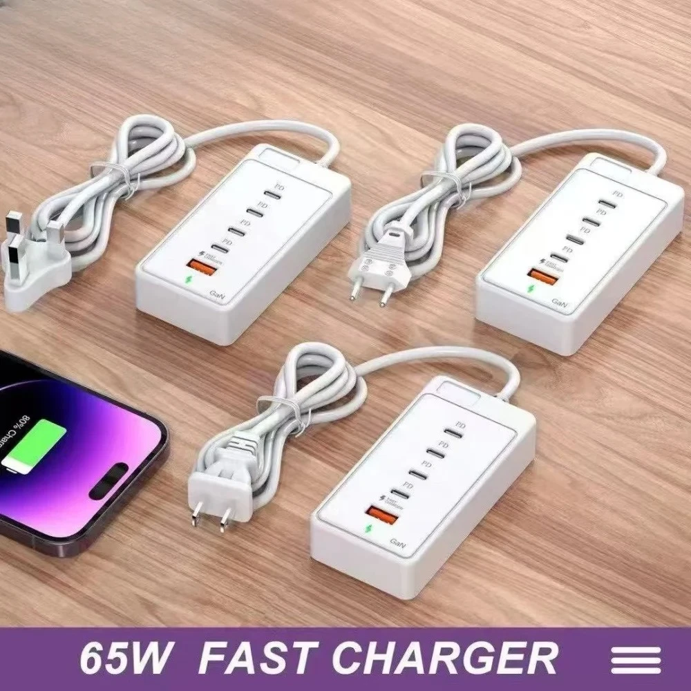 Cargador USB con puertos Muitil de 65W, Cable de extensión adaptador de concentrador tipo C de carga rápida para iPhone 16, cargadores de pared Xiaomi, toma de corriente