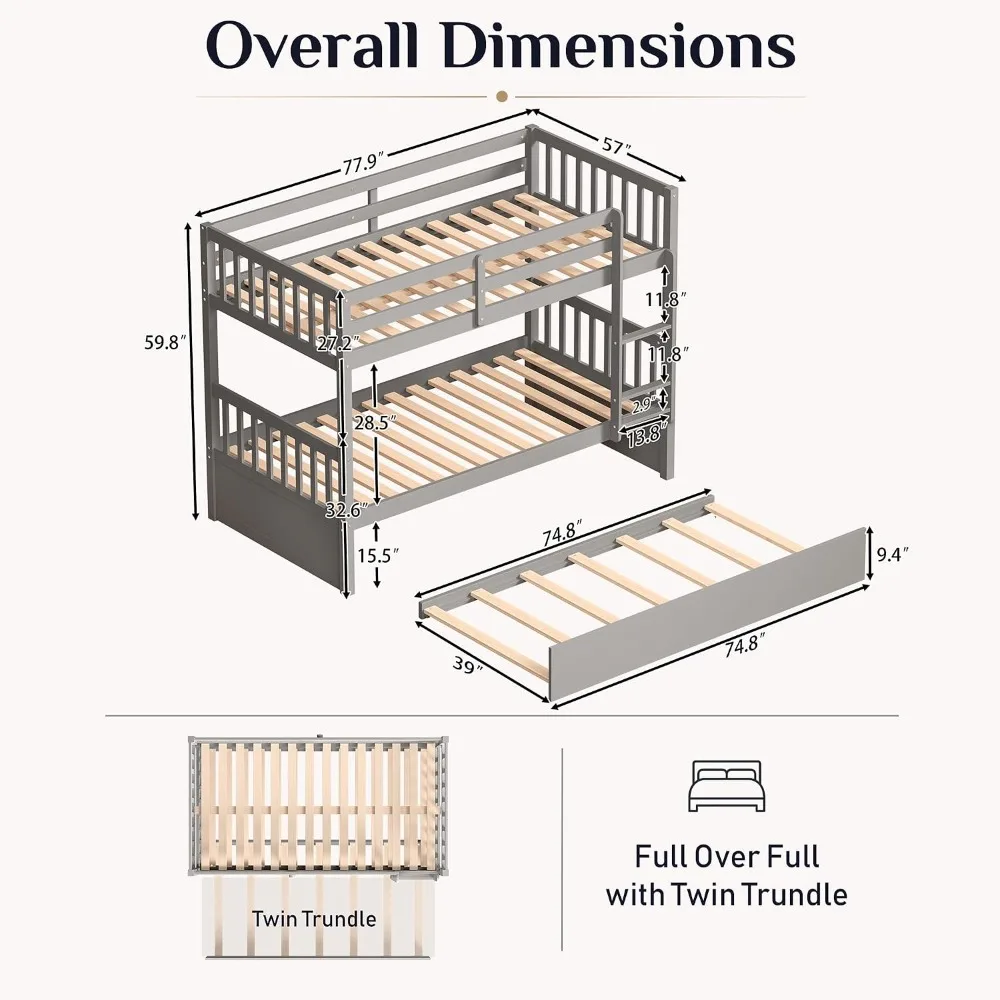 Full Over Full Bunk Bed with Trundle Bed,Converts to 2 Beds,Grey