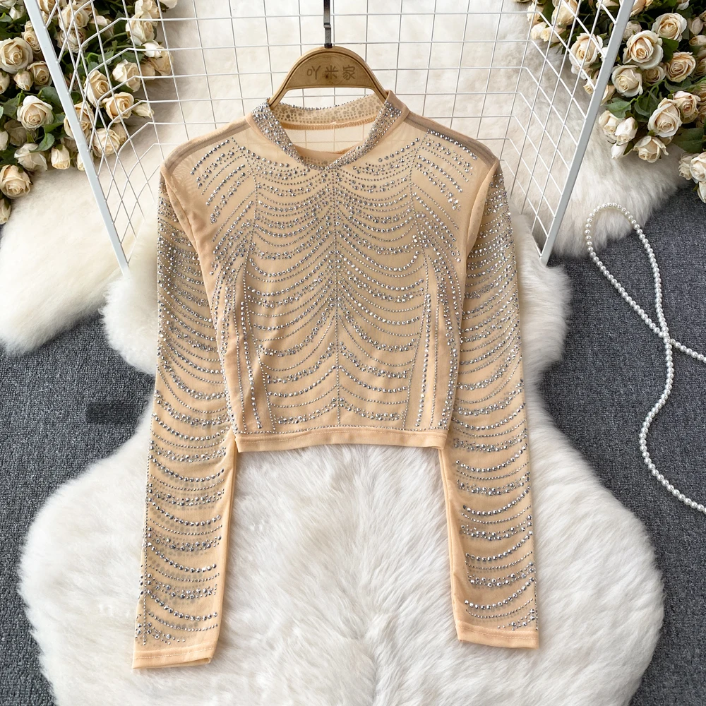 Spring Autumn Fashion Perspective Diamond Mesh T-shirt For Women Long Sleeve Slim Fit Show Thin Girls Street Style Top T-shirt