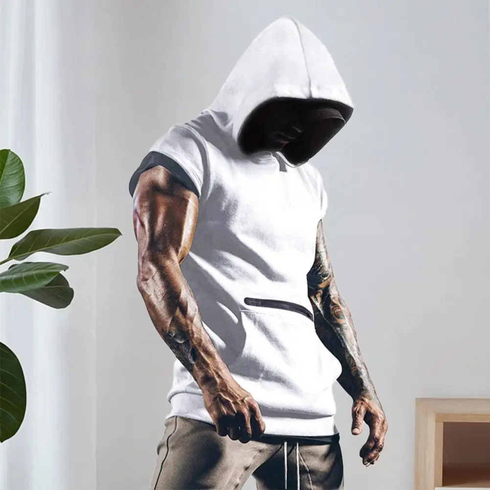 Trendy Hoodie Vest Stretchy Sweatshirt Vest Front Pocket Men Bodybuilding Sleeveless Hooded Tank Top Moisture Wicking