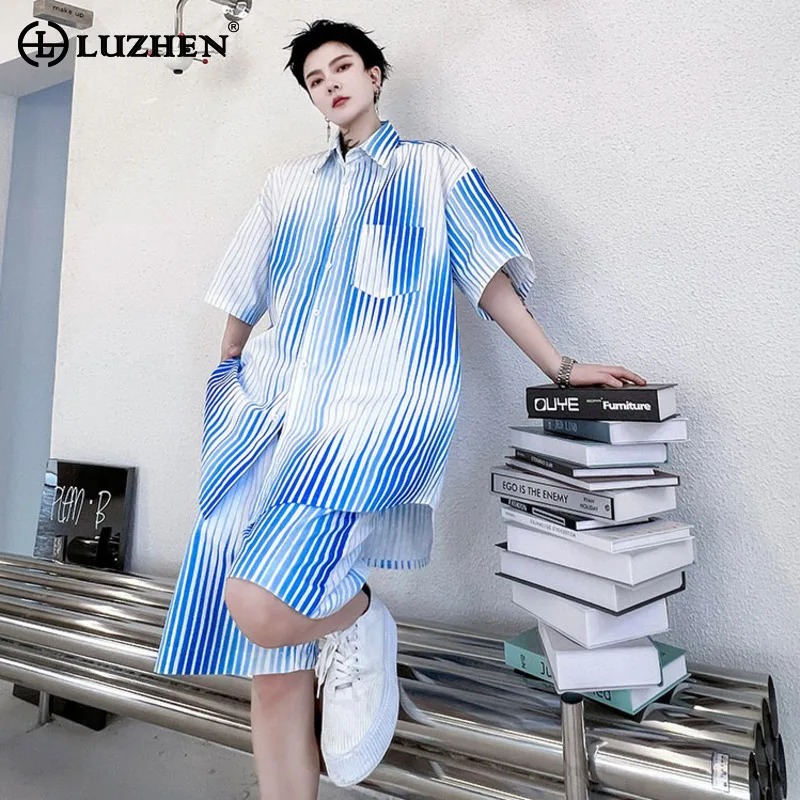 LUZHEN-camisas de manga corta con diseño de patrón, conjuntos de dos piezas a rayas, pantalones cortos elegantes con personalidad Original de verano para hombre LZ9602