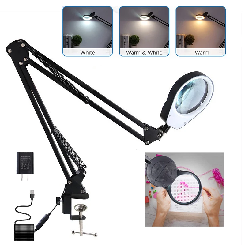 2022 LED Desk Lamp Clip on Light 8X 15X lens Magnifying Glass Clamp Long Arm Dimming Table Lamp 3 Colors For Reading Tattoo