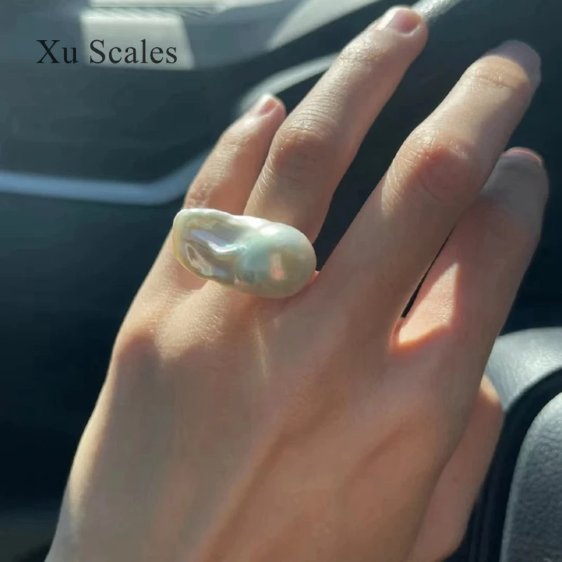 100% Natural Large Baroque Shaped 25-35mm Freshwater Pearl Ring S925 Sterling Silver Vintage Simple and Atmosphere Adjustable