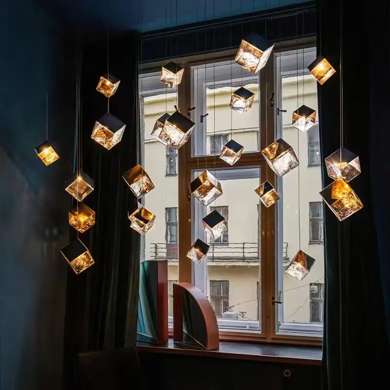 

Minimalist luxury Shiny gold glare ice cubes glass Cube Led Chandelier Lustre Ceiling for Room Attic lighting designer light