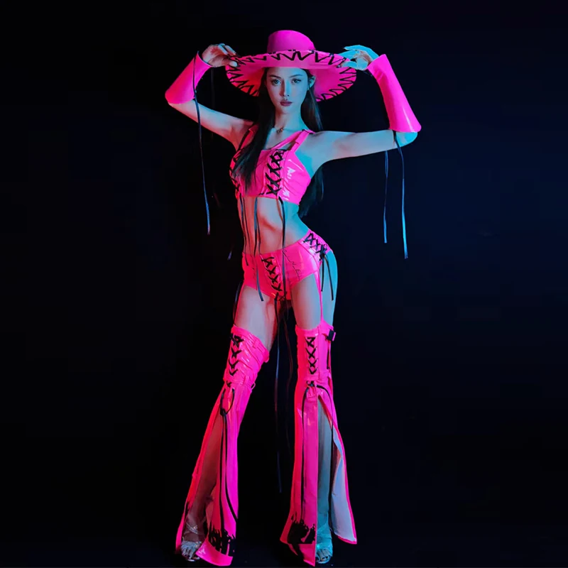 2025 boate bar gogo dança traje feminino fluorescência rosa jazz dança outfit adulto clubwear festa ds dj rave roupas yj311