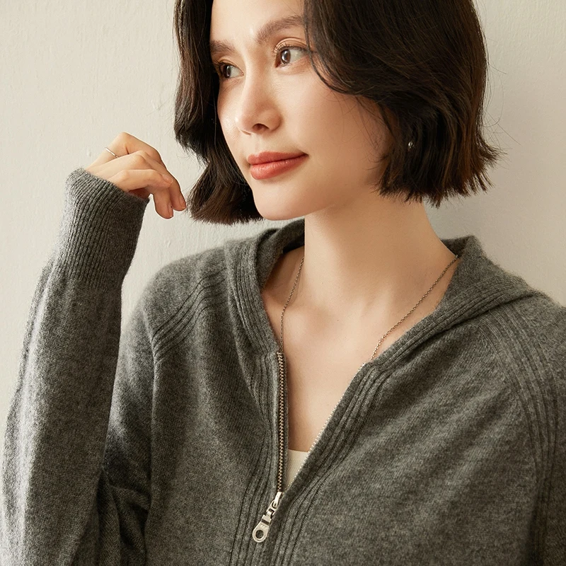 Nowy kaszmirowy kardigan damski na jesień i zimę, długi rękaw, zapinany na zamek, jednolity kolor, luźny wełniany sweter.