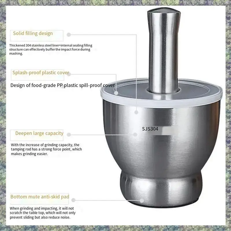 WON 304 Stainless Steel Masher Solid Garlic Masher Household Grinding Masher Garlic Masher Garlic Mortar Grinding Bowl