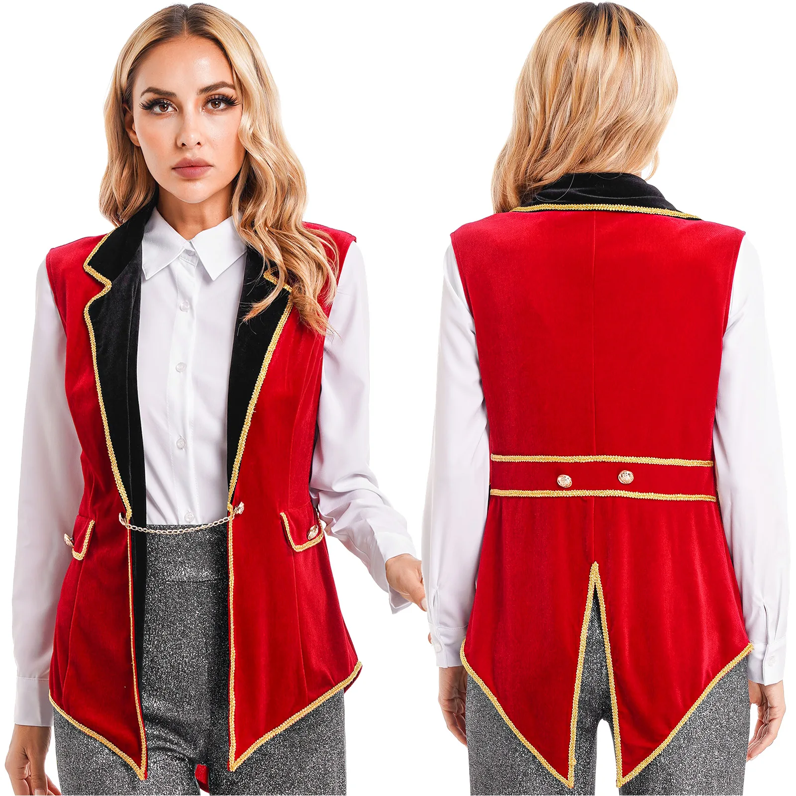 Women Halloween Circus Ringmaster Tuxedo Carnival Theme Party Showman Cosplay Costume Sleeveless Lapel Velvet Jacket Tailcoat