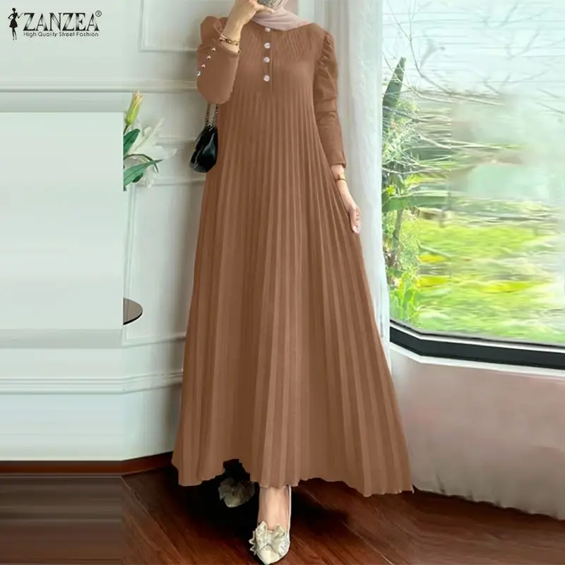 

ZANZEA мусульманские хиджабы женские плиссированные платья макси скромное элегантное платье с круглым вырезом и длинными пышными рукавами длинные халаты Абая одежда для Рамадана