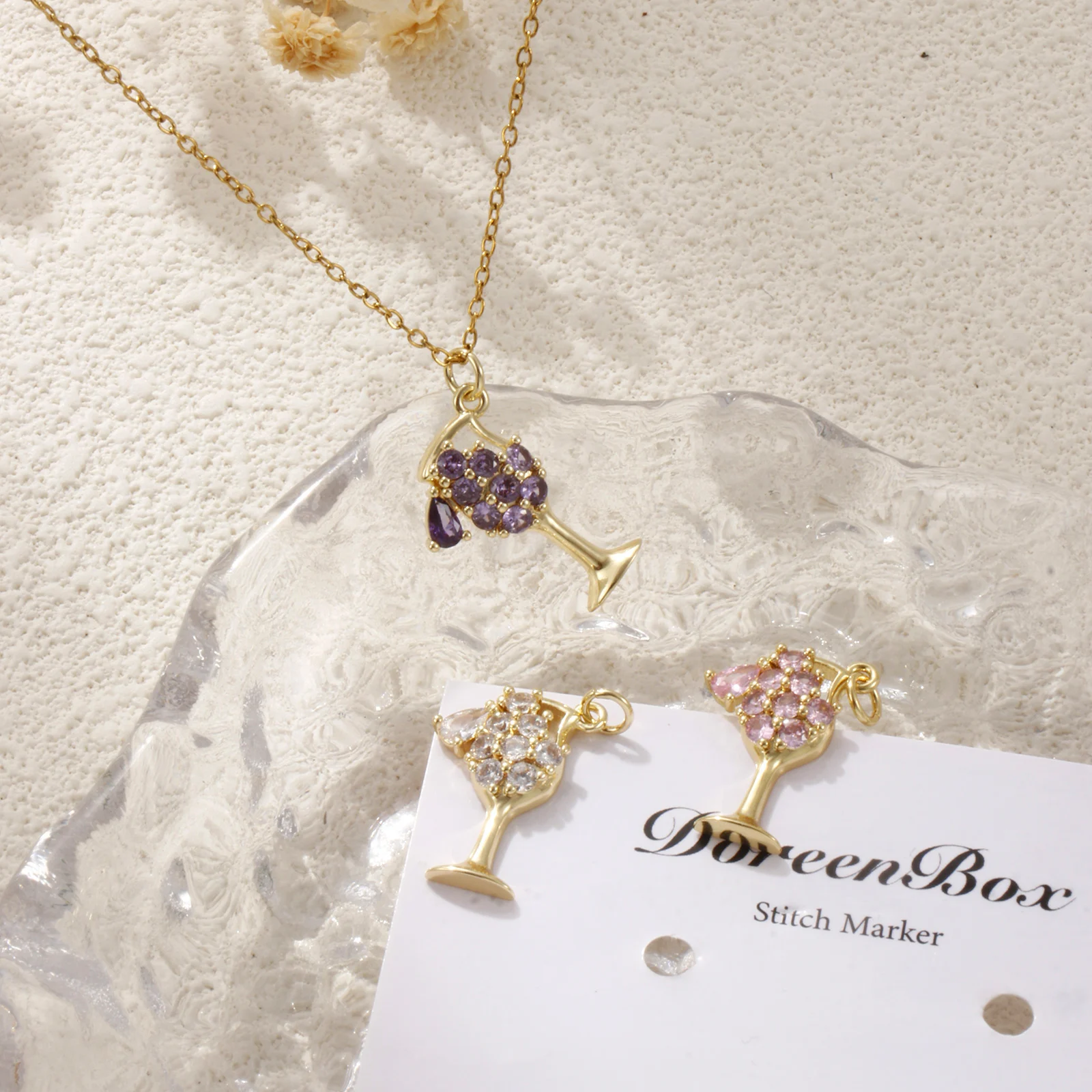 1Piece Brass Charms 18K Gold Plated Wine Glass Hollow Multicolour Cubic Zirconia Pendant For DIY Neckalce Jewelry Making 25x15mm