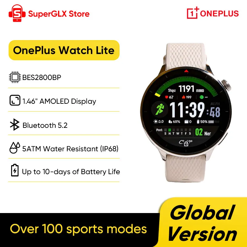 Global Version OnePlus Watch Lite Smart Watch 1.46'' AMOLED Display Up to 10 days of Battery Life IP68 Water Resistant BT 5.2