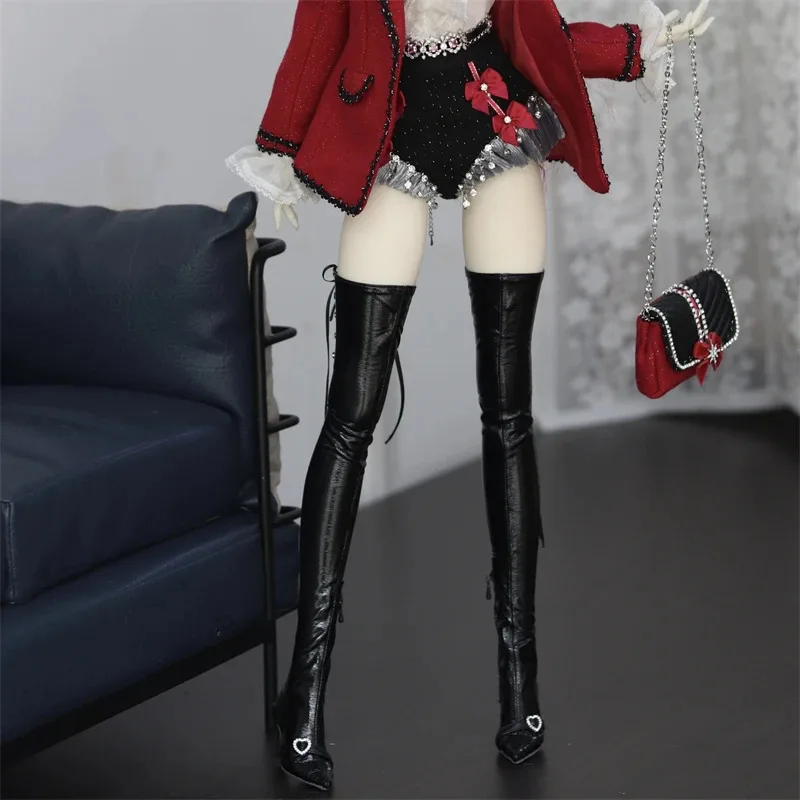 Pointed Heart Buckle Strap 1/3 Urban Chic Patent Leather Thigh-High Boots Black Spot Inventory Elegant Dance BJD Doll Accessorie