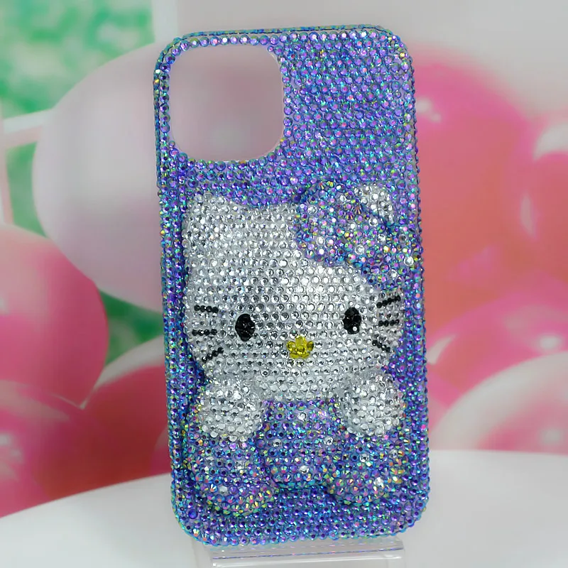 Purple Kt Rhinestone for Iphone17 16 15 14Pro Max Apple Mobile Phone Case Anime Hello Kitty Upscale Girls Gift Anti-Fall Protect