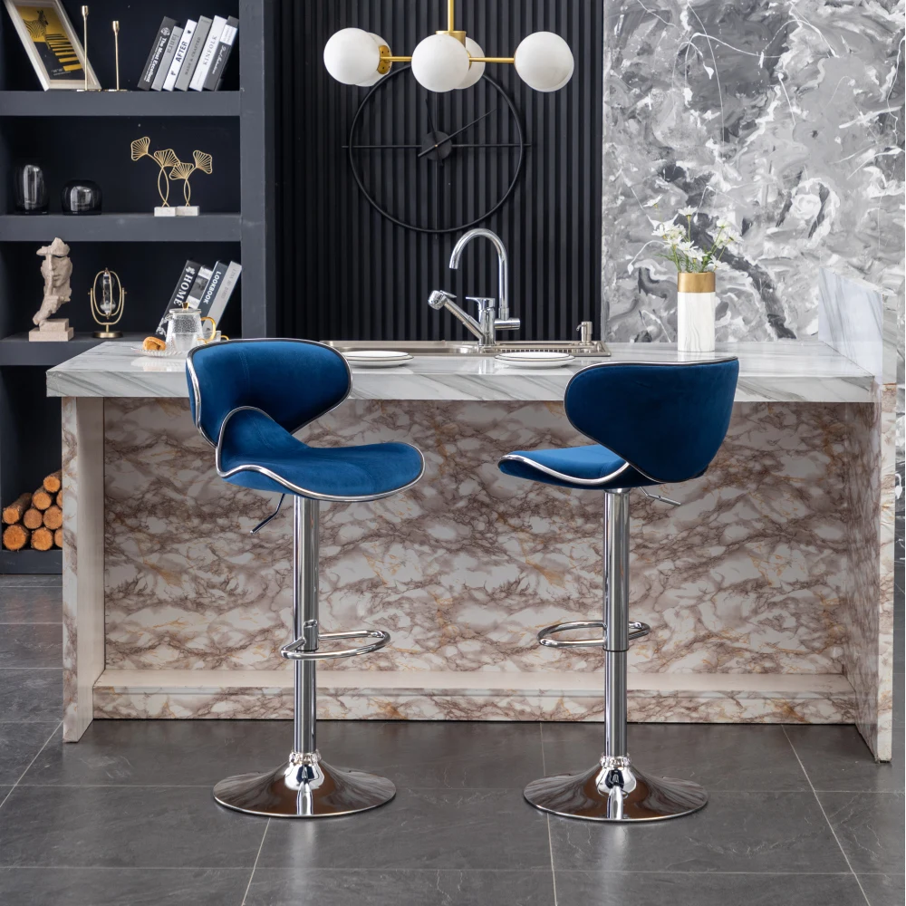 Velvet Upholstered Adjustable Swivel Barstool, Set of 2, Blue