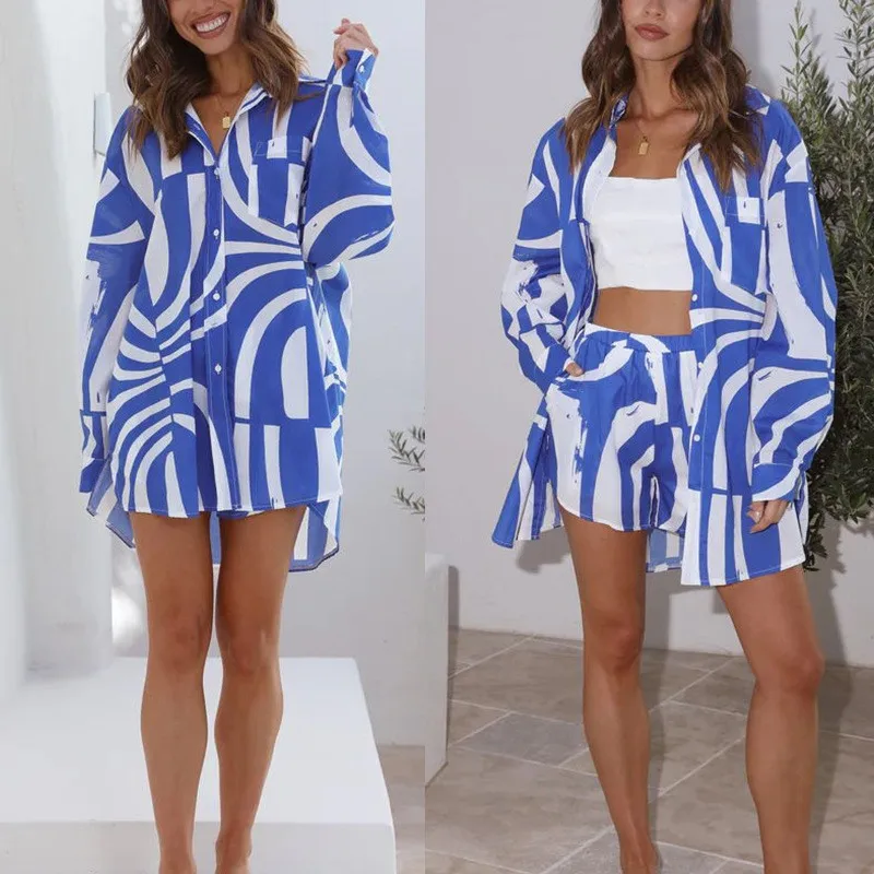

Elegant 2 Piece Set Outfits Loose Long Shirt Short Pants Casual Elegant Women Sets Female Fashion Print Blue Beach Party Suits