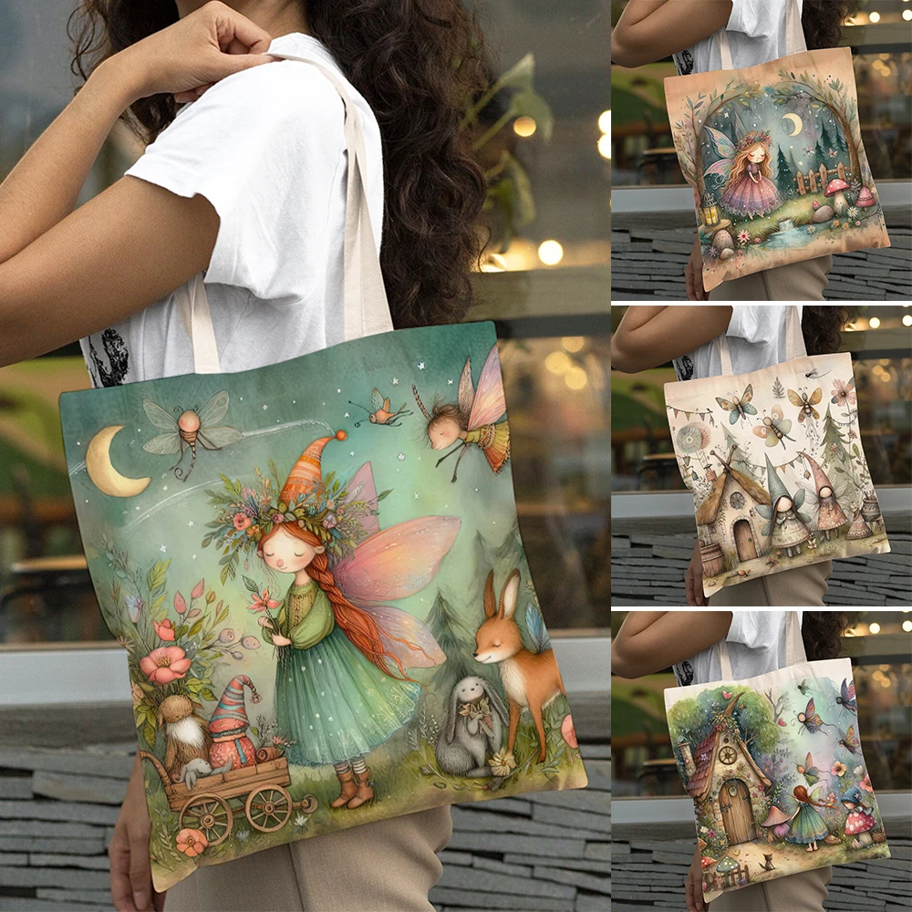 

Casual Fairy Tale World Girl Shopping Bag Cartoon Child Elf Women Big Capacity Shopper Bags Double Print Lady Tote Handbag