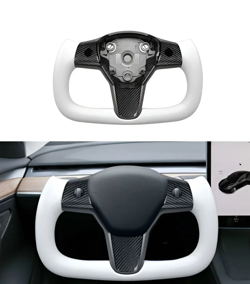 Basic White Yoke Heated Steering Wheel Aircraft Disc Square for Model 3 and Model Y