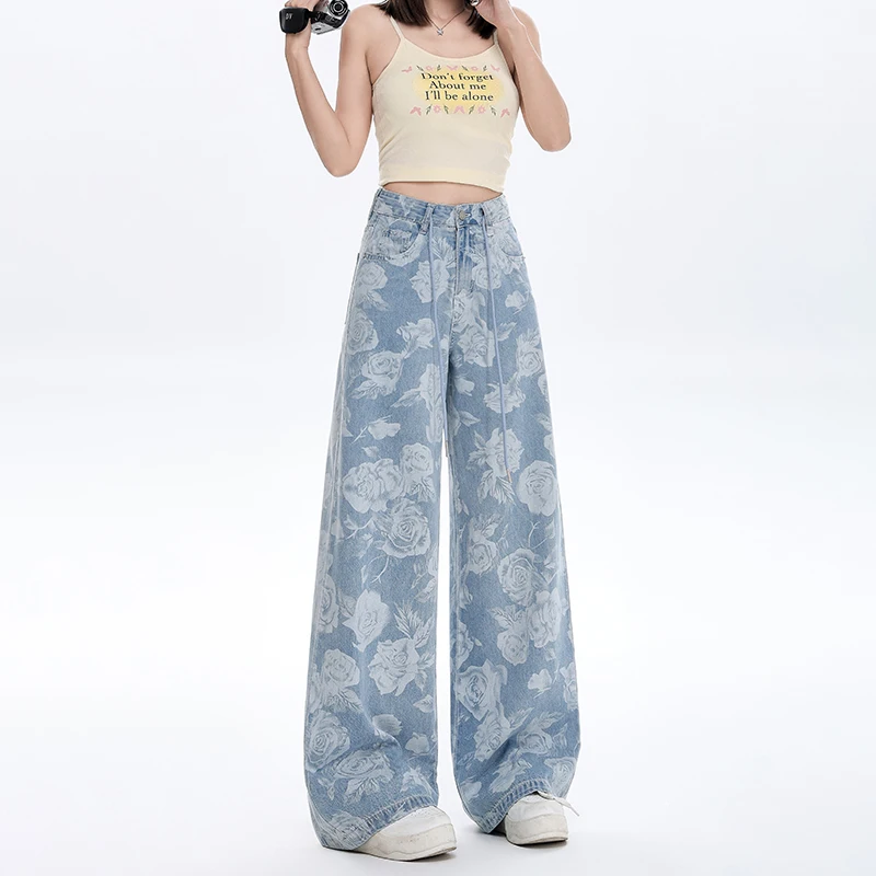 

Women's Blue Flower Printed Jeans Cargo Baggy Y2K Harajuku High Street 2000S Style American Aesthetic Retro Jeans Pants Clothing