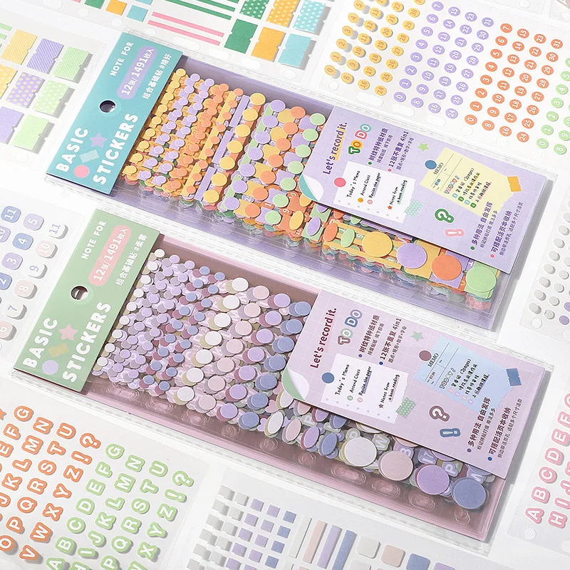 1491Pcs Planner Stickers 12 Sheets, Colorful Numbers Letters Dots Labels for School Journal Calendar Scrapbook