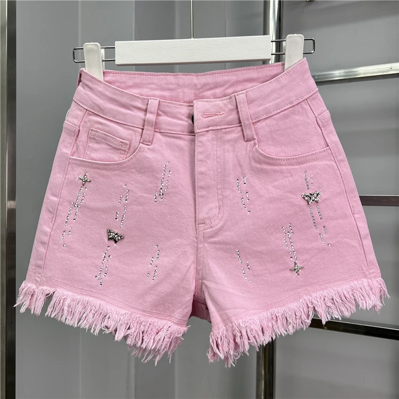 

Hot Drilling Butterfly Diamonds Tassel Women Denim Shorts New Spring Summer All-match High Waist Wide Leg Short A-line Jeans