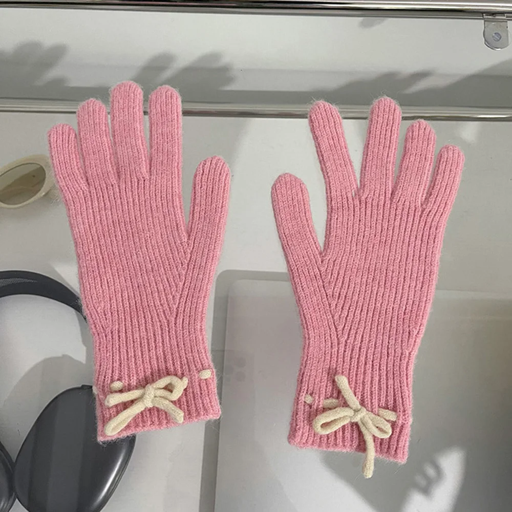 wn-guantes de punto con lazo para mujer, manoplas cálidas para pantalla táctil, dedo completo, Kawaii, japonés, Jk, para ciclismo, accesorios Y2k,