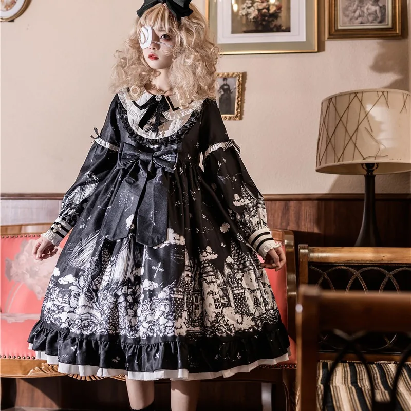 Sukienki Gothic Kawaii Lolita Halloween Anime Party Cosplay Kostiumy Jesienne Urocze Spódniczki Dziewczęce Czarno-Białe Dół Mundurek Szkolny