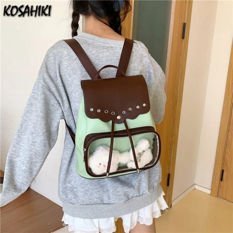 

Patchwork Vintage Contrast Color Schoolbags All Match Transparent Ita Bags Fashion Preppy Women Kawaii Backpacks Y2k Aesthetic