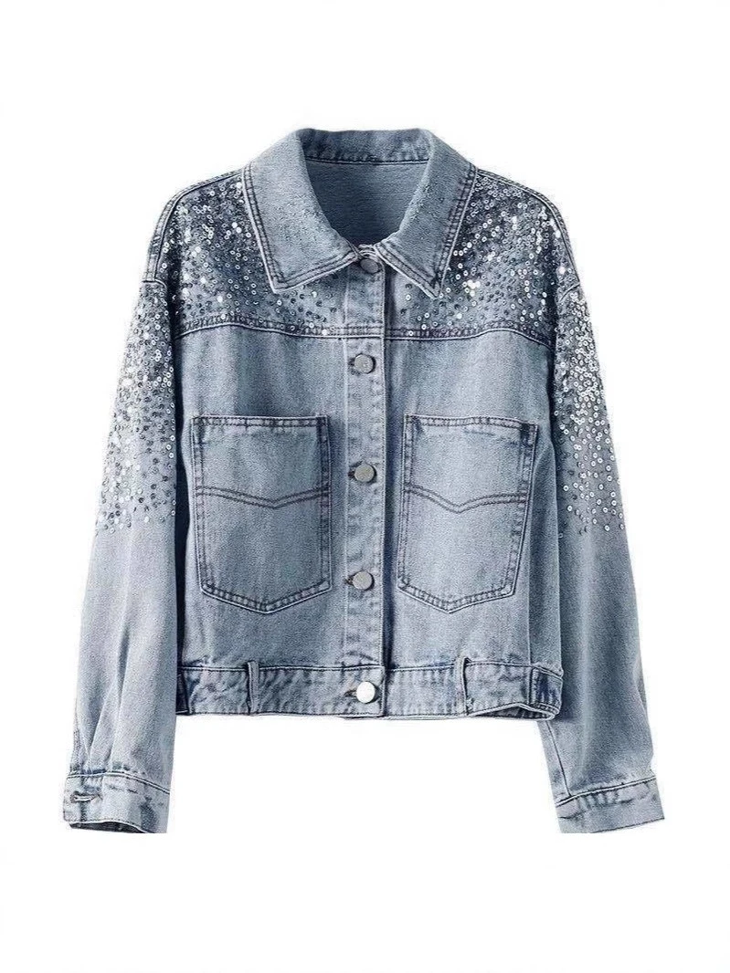 Fashion Sequin Denim Jacket For Women 2025 New Short Loose Slim Denim Coat Tops Sping Autumn Women Heavy Industry Denim Jacket - Image 6