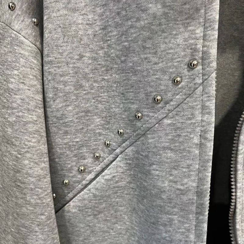 KBQ Solid Spliced Pearl Loose Causal Coats for Women Hooded Long Sleeve Patchwork Zipper Design Sense Chic Set Female Fashion