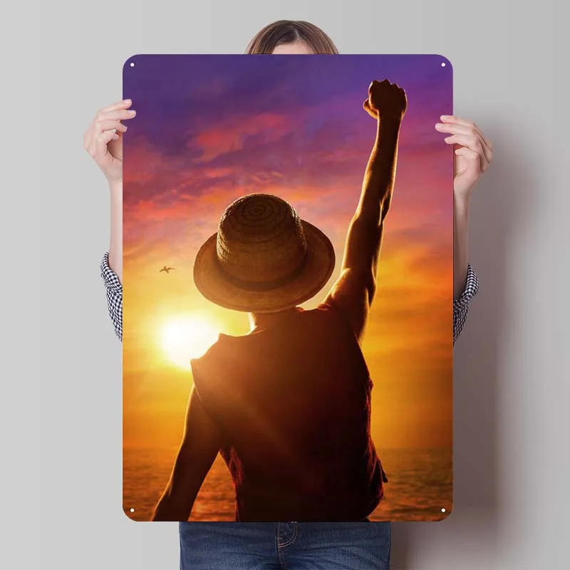 Luffy Sunset Anime Girl Anime & Manga Posters Man Cave Metal Tin Signs for Boys and Girls Room Wall Decoration Art Mural Retro