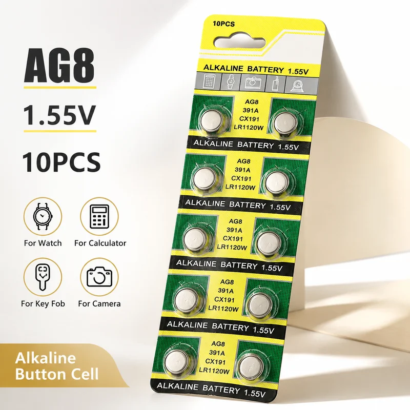 10PCS AG8 LR1120 391 SR1120 Pilas alcalinas de botón para reloj digital