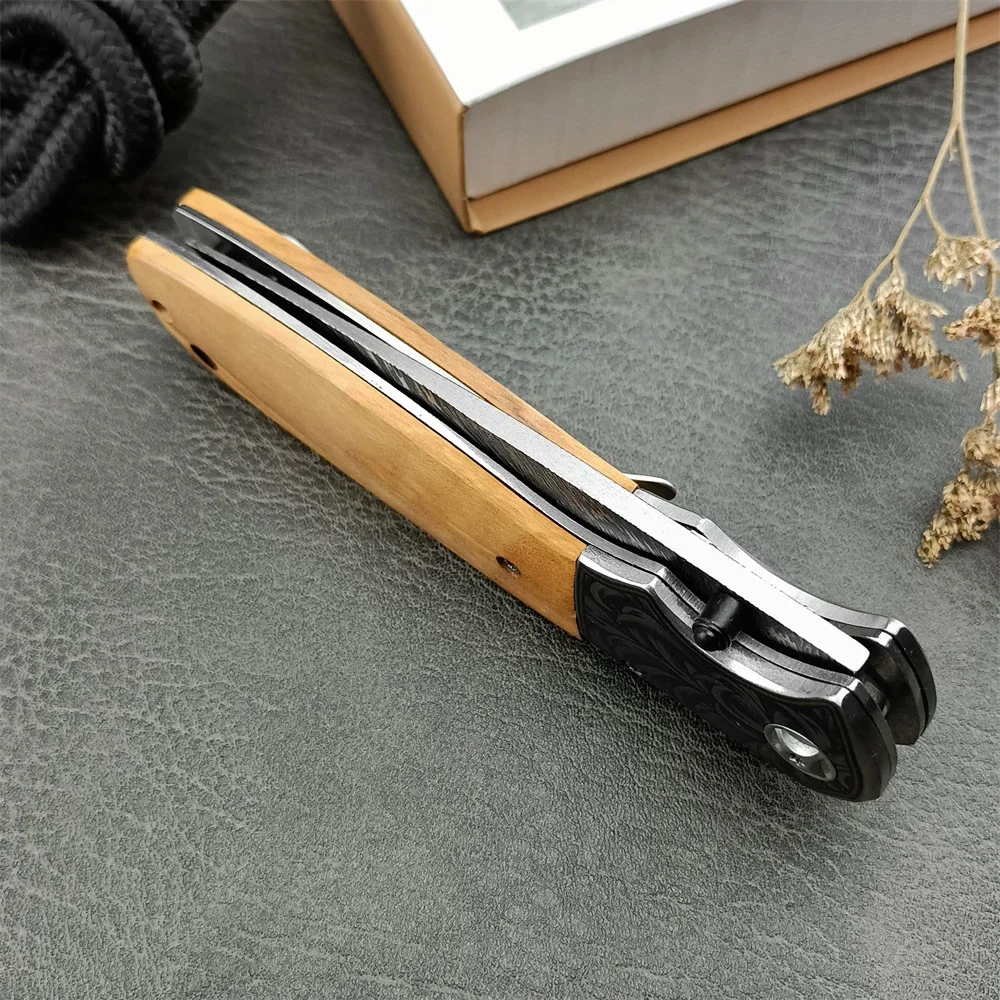 Outdoor Hunting Knife Pattern 8Cr13Mov Blade Colored Wood Handle Folding Knife Camping Tactical Rescue Tool with Pocket Clip