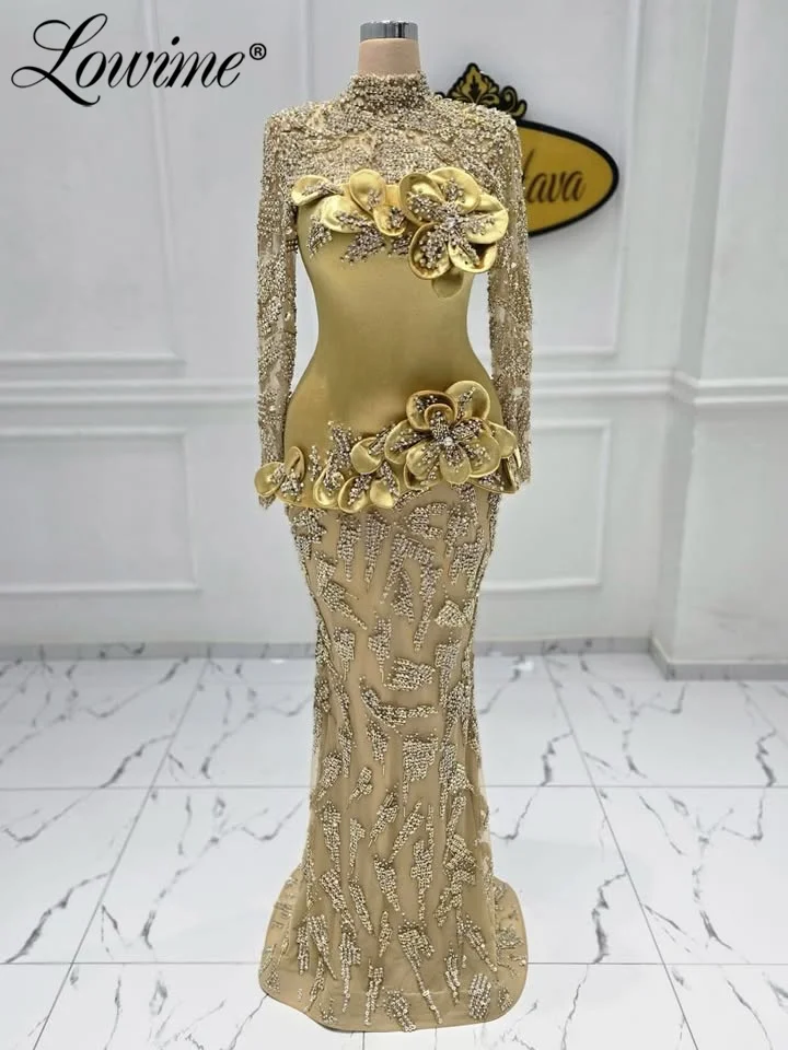 

Elegant Gold Evening Dresses Arabic Long Sleeves Mermaid Party Gowns Customized Handmade Flowers Crystals Celebrity Dress Robes