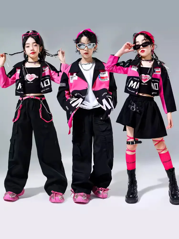 

Kid Hip Hop Clothing Motorcycle Long Shirt Crop Jacket Top Black Casual Cargo Pants Skirt for Girls Boys Dance Costumes Clothes