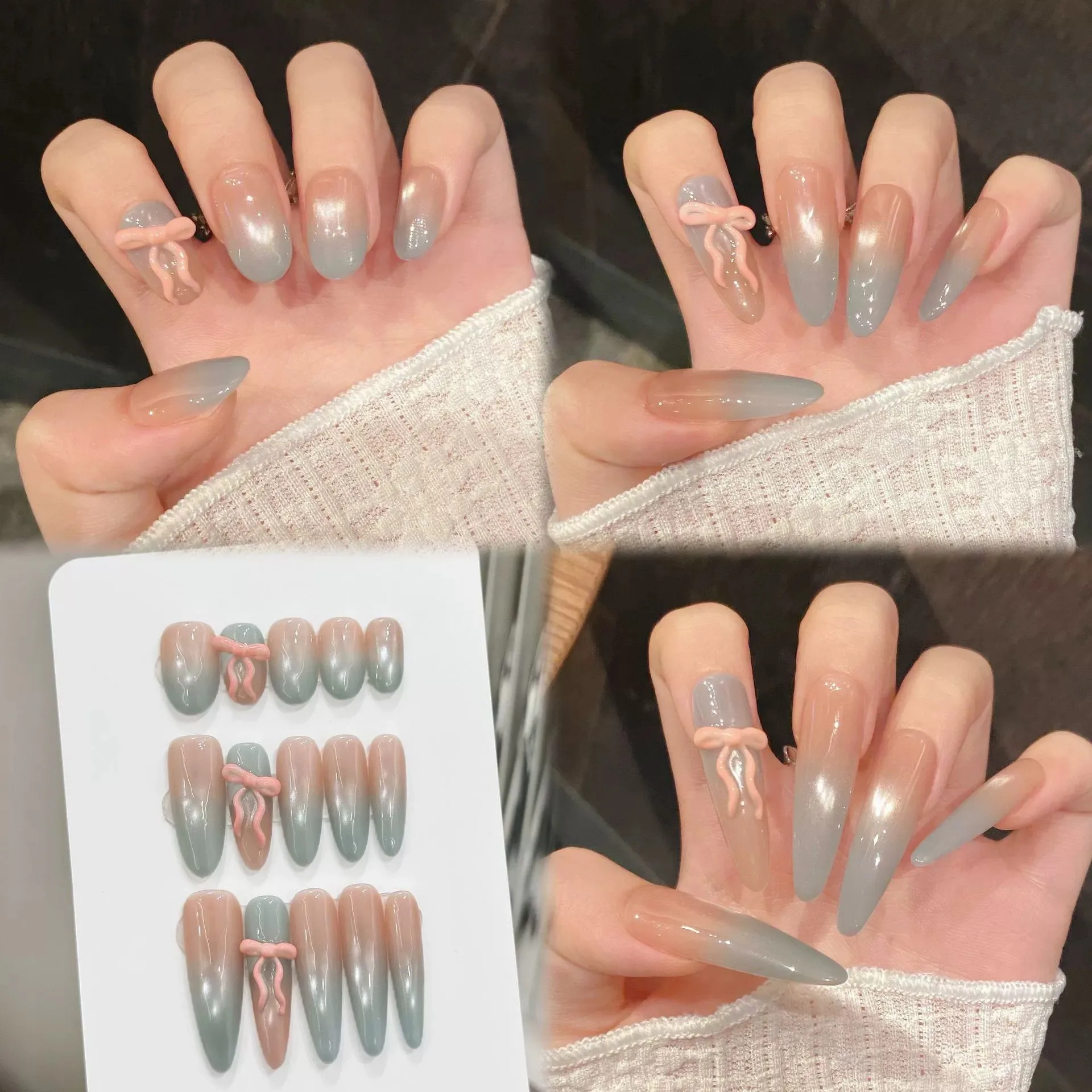 

Crystal Cat's Eye Handmade Fake Nails Sweet 3D Bow Decor Pink Blue Gradient Press On Nails French False Nail Almond Tip Wearable