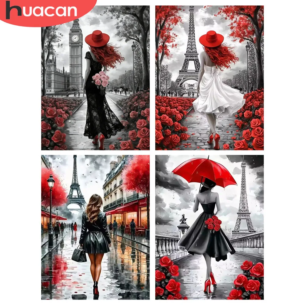 HUACAN Diamond Painting 5d Girl Portrait Mosaic Street City Artwork Home Wall Decoration Full Square Round Kit Rose Flower