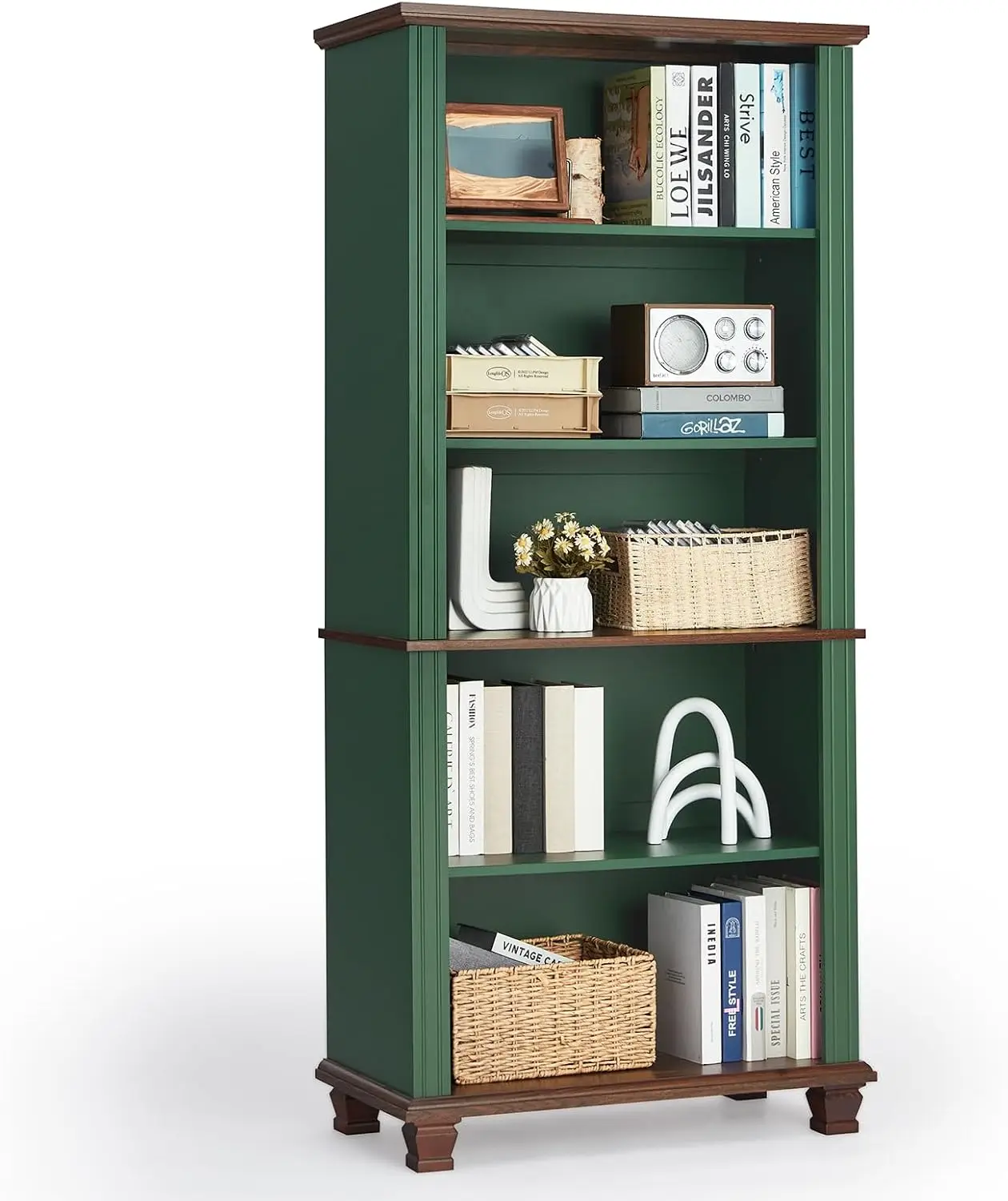 Tall Free Standing Bookshelf, 5 Tier Wooden Bookcase Storage Organizer, Open Display Shelf Unit With Adjustable Shelves And Legs, Vintage Farmhouse Furniture For Living Room, Green, Single Pack