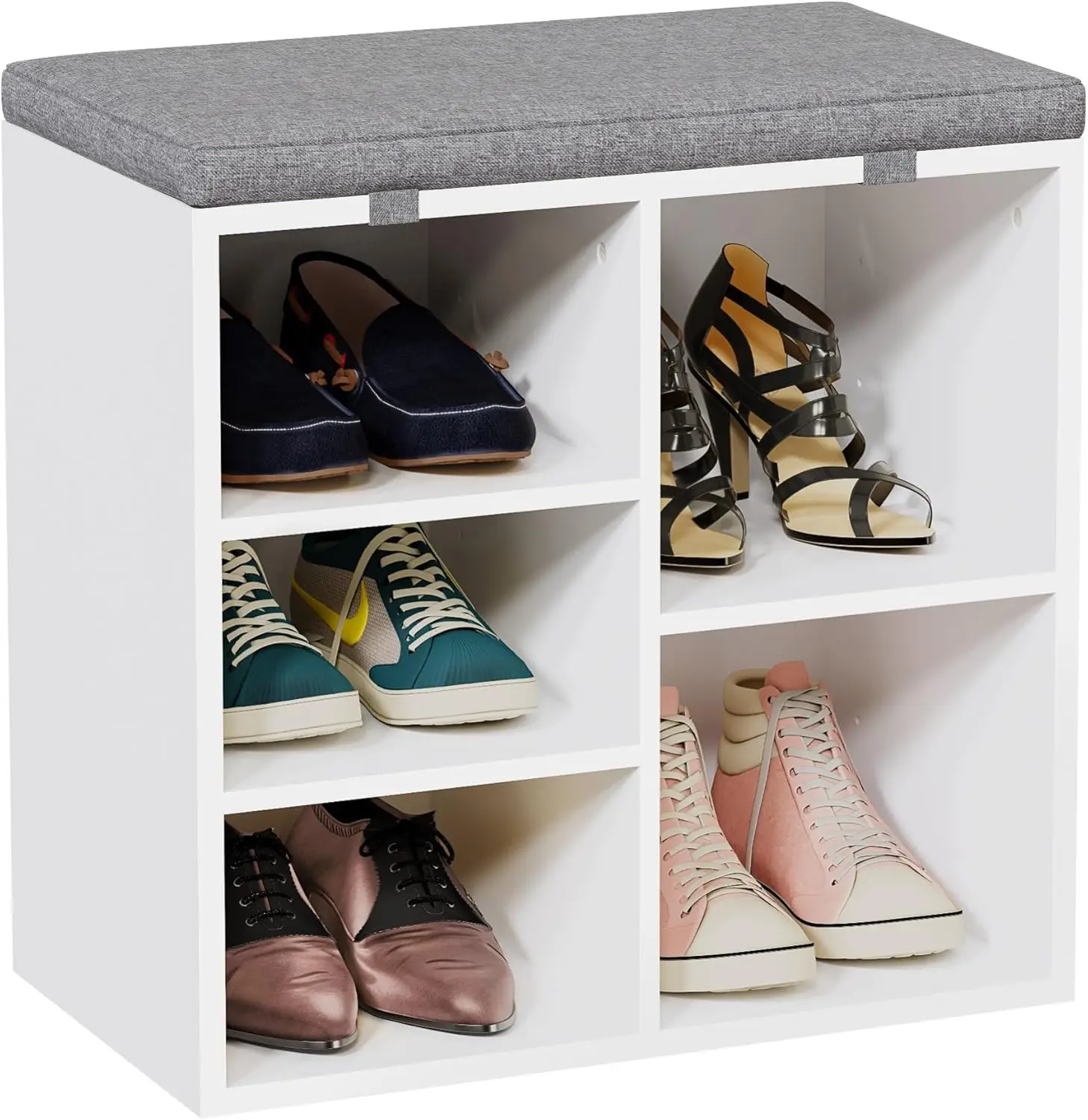 

Shoe Storage Bench With Cushion, Cubby Ra With Adjustable Shelf, Storage Organizer With Padded Seat, Bench For Entryway,