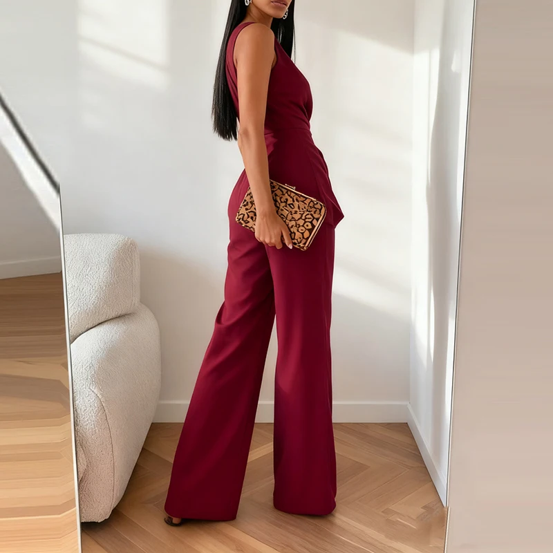 

Women Simple Pleated Playsuits Overalls 2026 New O-neck Sleeveless Slim Jumpsuits Summer High Waist Solid Color Wide Leg Rompers