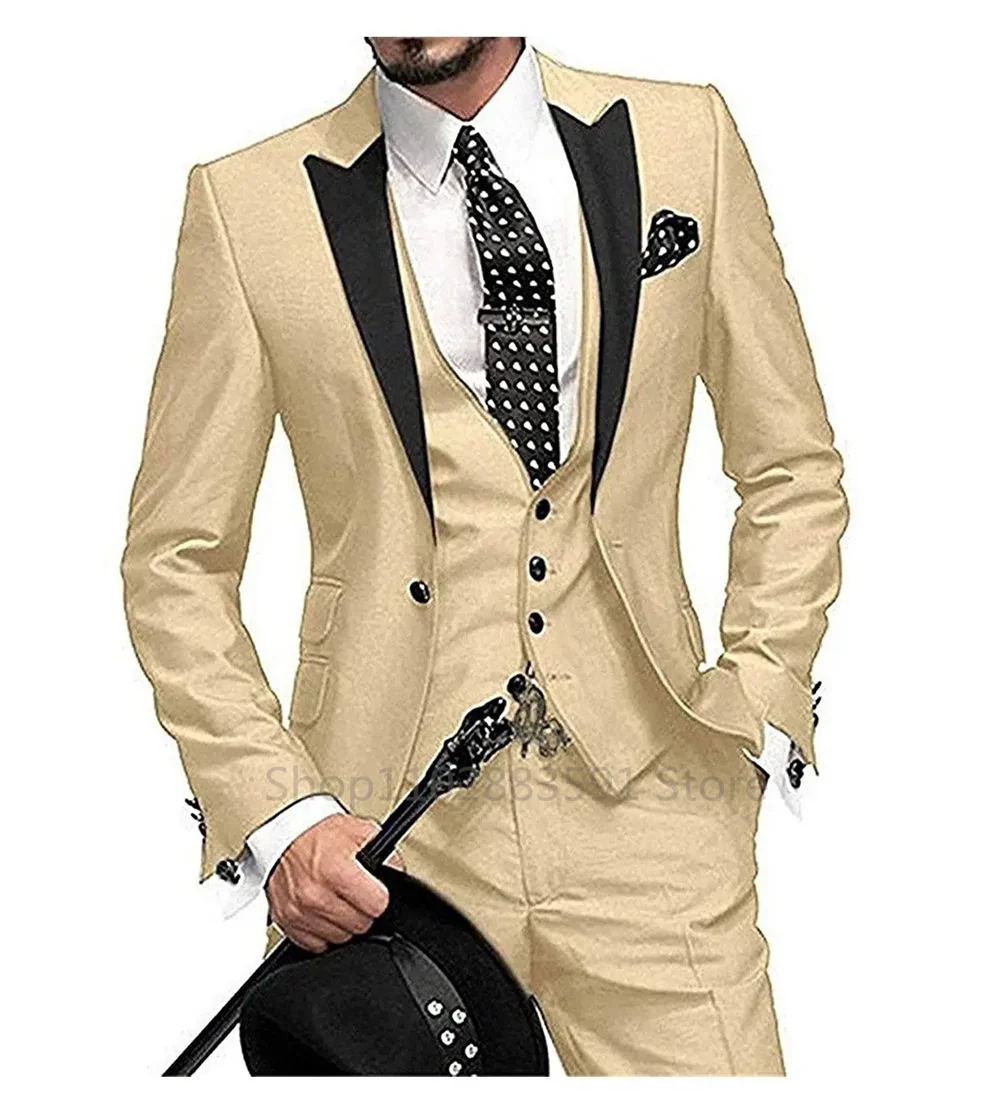 Men Suit 3 Pieces Slim Fit Business Leisure Wedding Banquet Bridesman Wedding Set Jacket Vest With Pants Bridegroom Suit