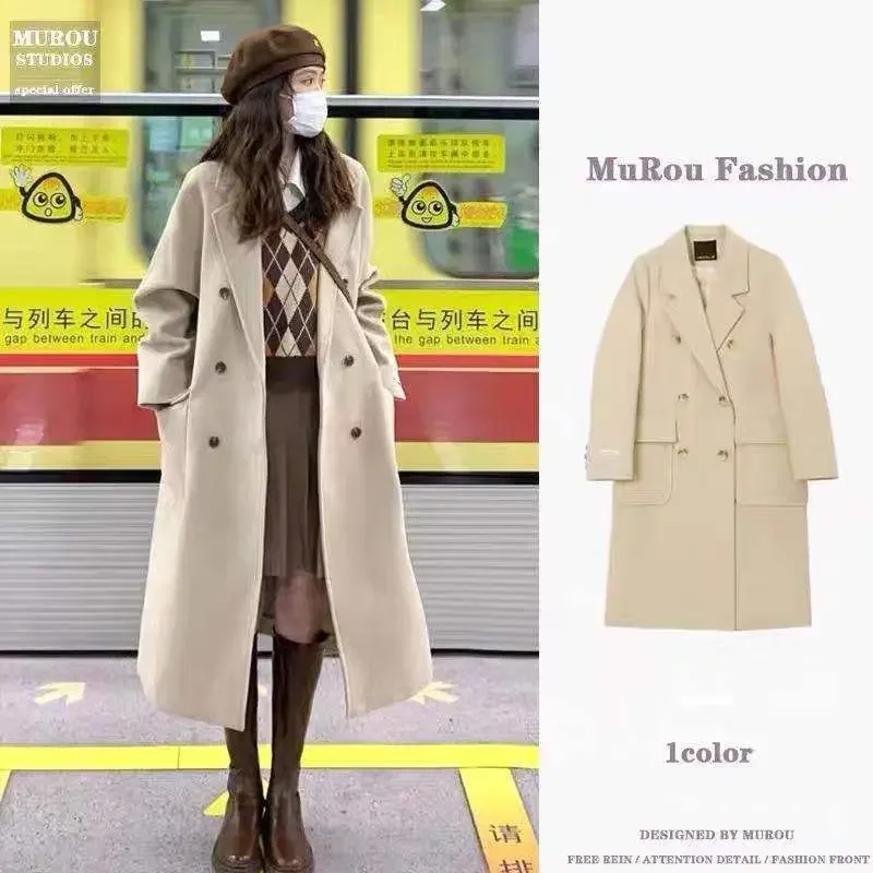 2024 New Korean Style Long Woolen Coat for Women Autumn and Winter High-end Japanese Hepburn Style British Style Woolen Coat