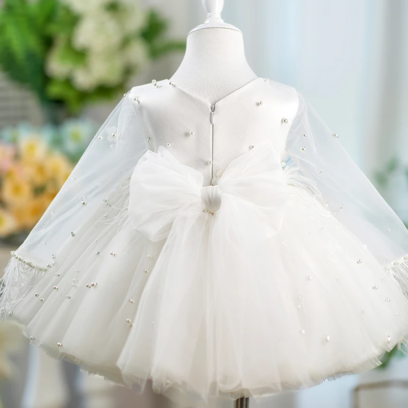 Jill Wish J553 robe de fille de fleur blanche élégante fleurs 3D à manches longues princesse enfants arabe mariage fête d'anniversaire robe de soirée