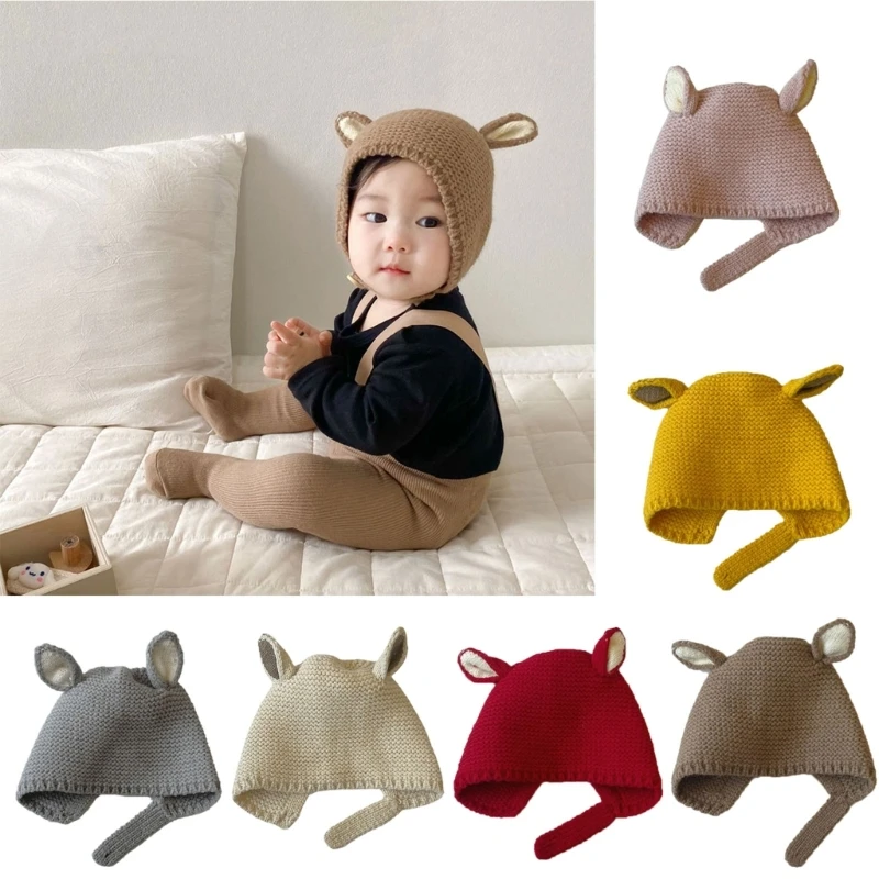 Knitted Hat Kids  Soft Baby Bonnet Cap Winter Warm Earflap Hat for Baby Boy Girl Khaki/Beige/Pink/Red/Gray/Yellow